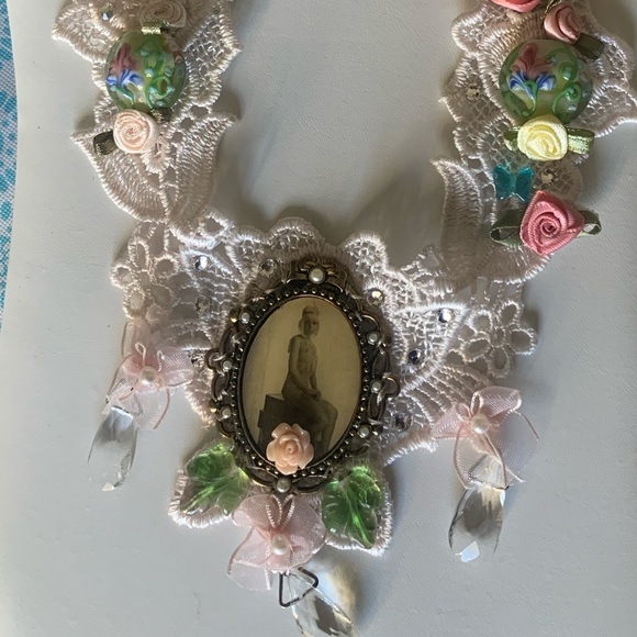 Bib Necklace flapper image glass hand sewn glass beads satin ribbon flowers - Picture 9 of 17